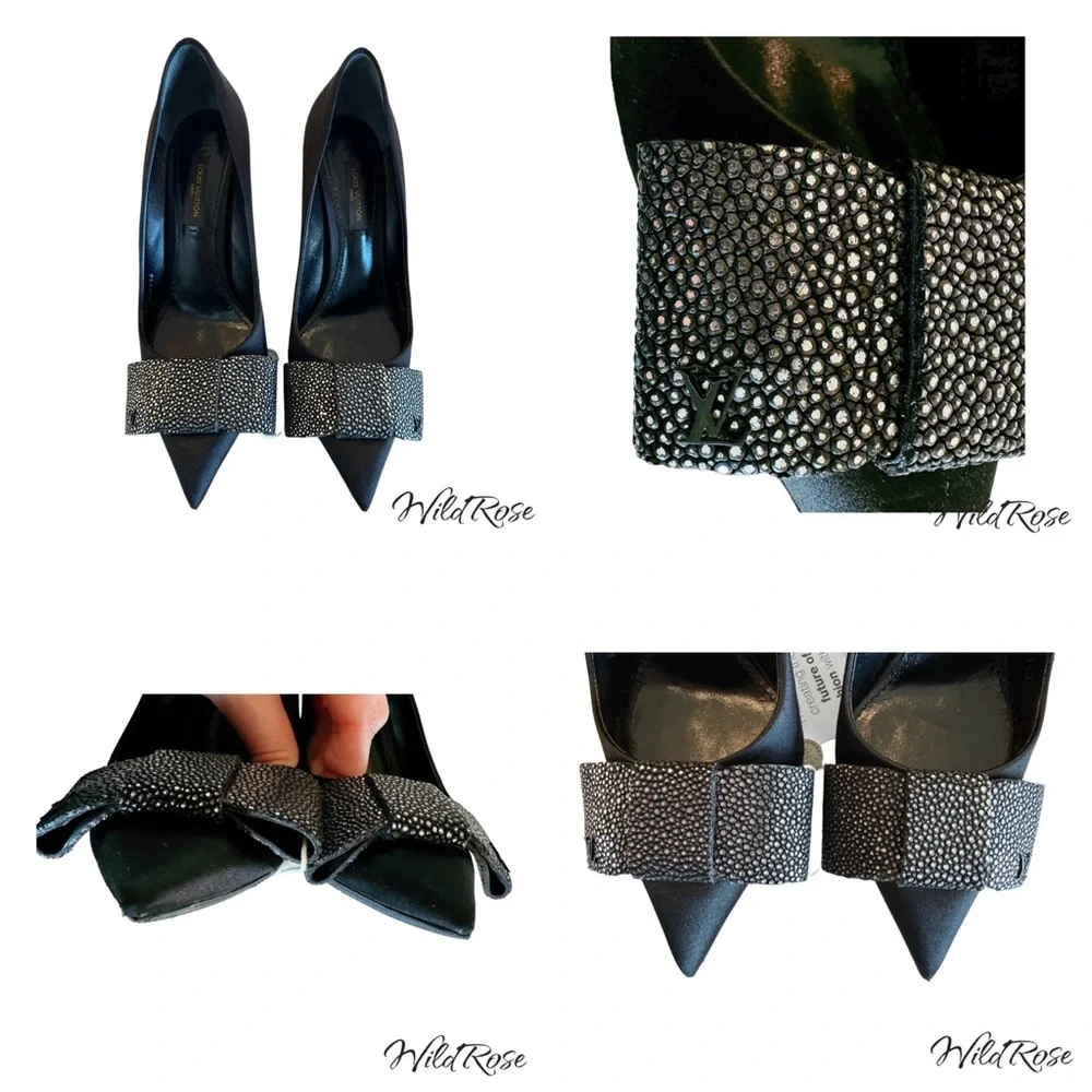 LOUIS VUITTON LIPSTICK PUMPS BLACK SATIN & PEBBLED SILVER LEATHER BOW PUMP 36.5 - Picture 17 of 17